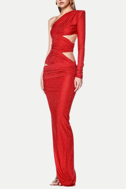 Caits One Shoulder Crystal Cutout Maxi Dress