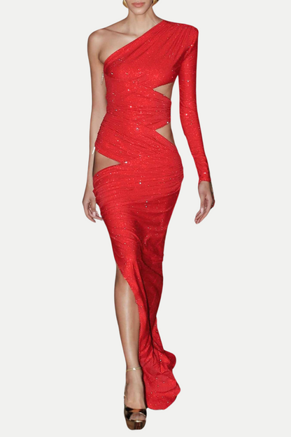Caits One Shoulder Crystal Cutout Maxi Dress