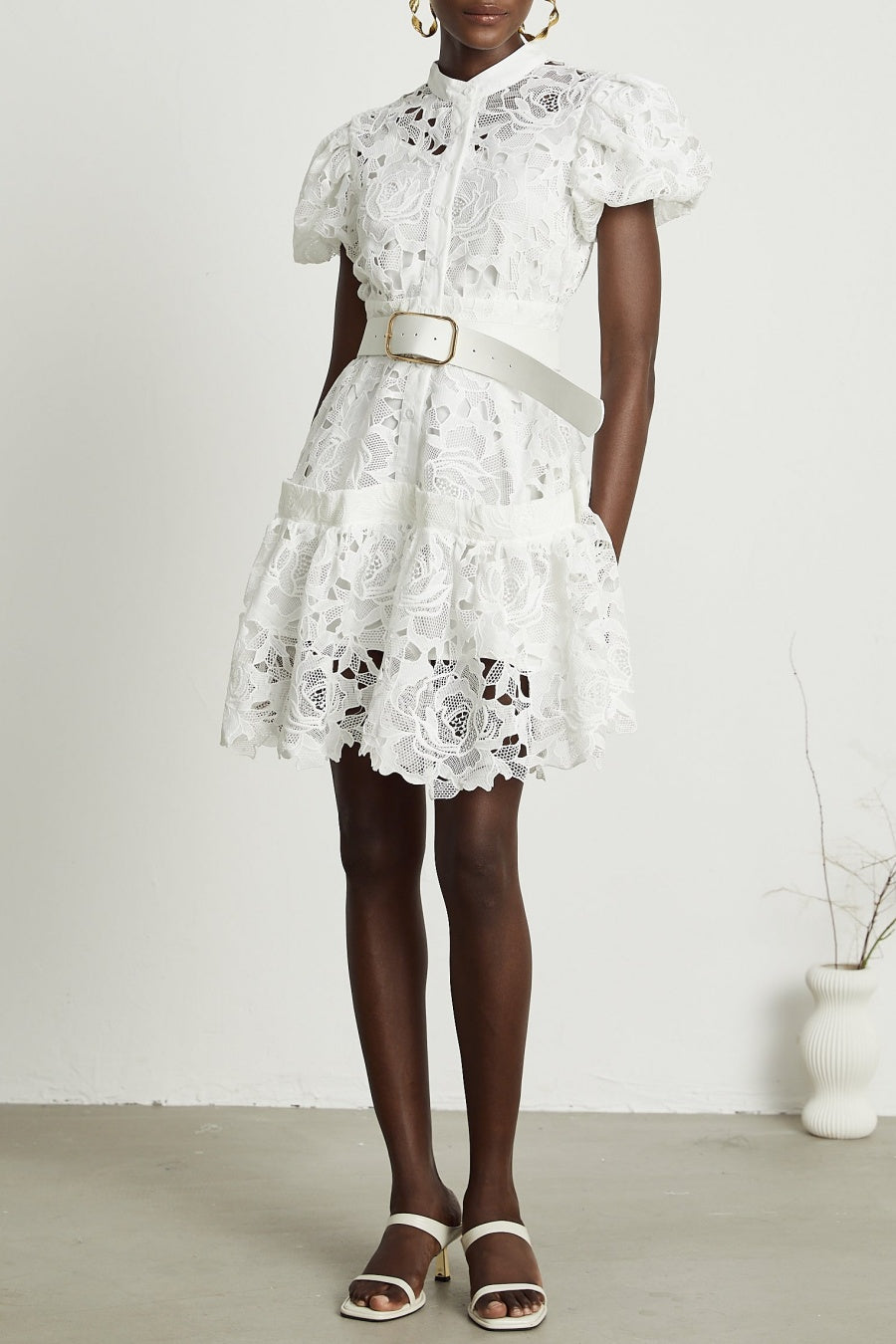 Calista Lace-embroidered Belted Mini Dress