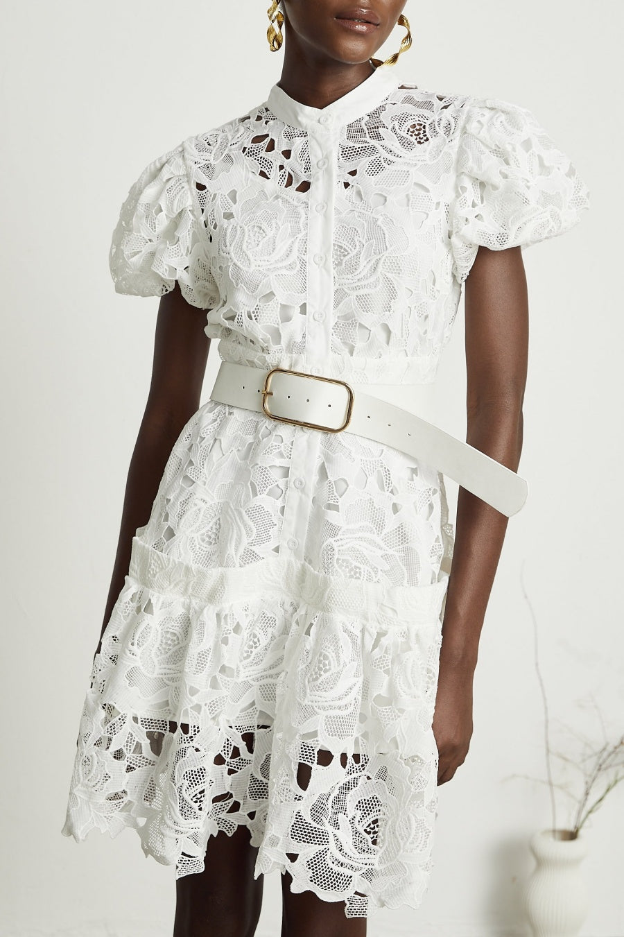 Calista Lace-embroidered Belted Mini Dress