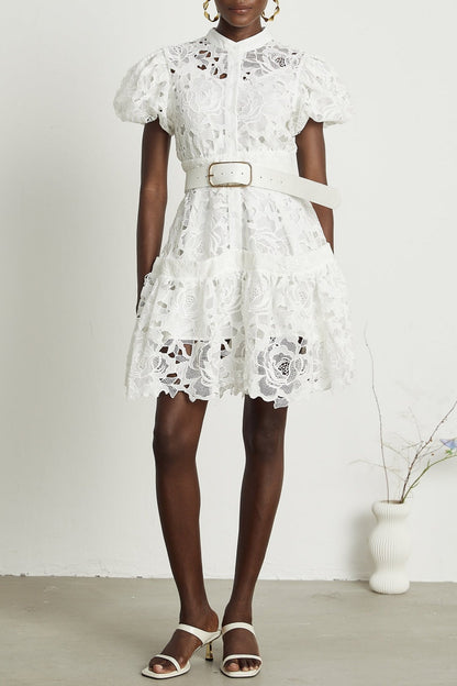 Calista Lace-embroidered Belted Mini Dress