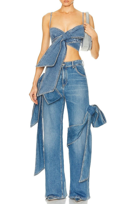 Camille Bow Denim Top - Blue