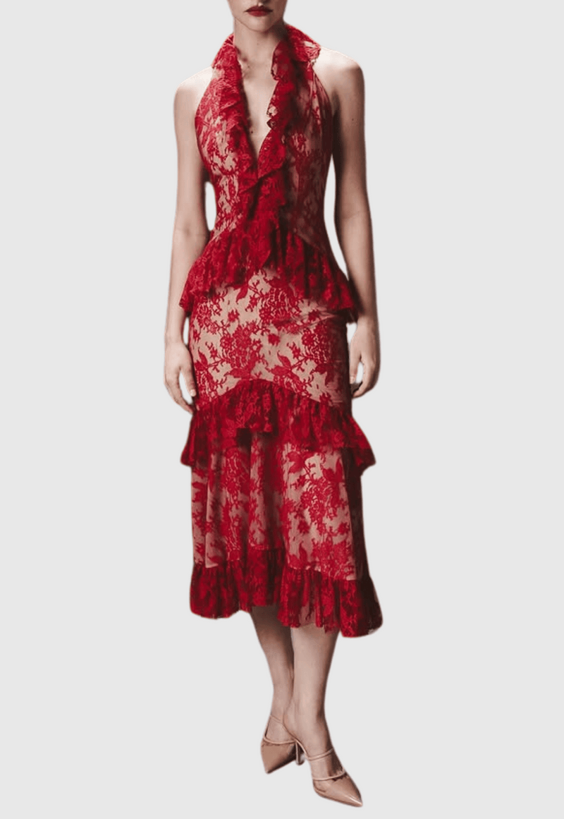 Carolynne Lace Halter Ruffle Midi Dress