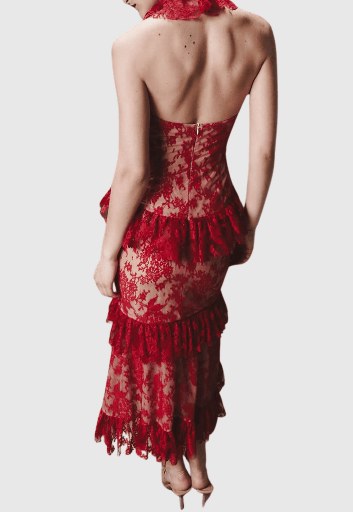 Carolynne Lace Halter Ruffle Midi Dress