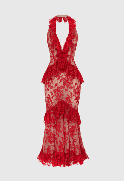 Carolynne Lace Halter Ruffle Midi Dress