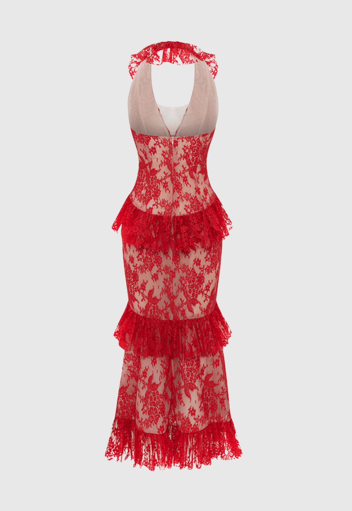 Carolynne Lace Halter Ruffle Midi Dress