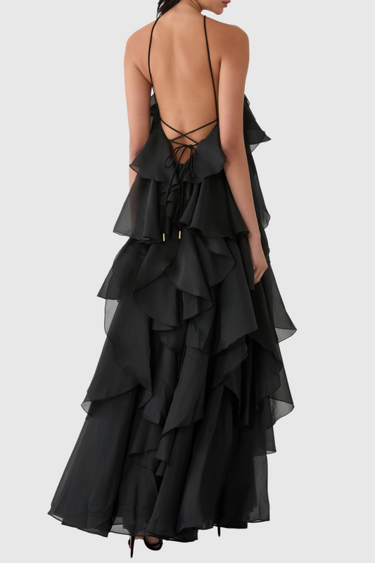 Caysie Halter Floral Ruffle Layered Maxi Dress - Black