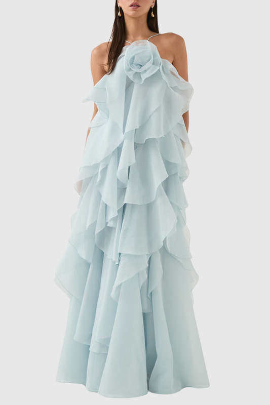 Caysie Halter Floral Ruffle Layered Maxi Dress - Blue
