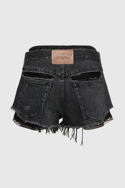 Chaeli Lace-layer Denim Shorts - Black
