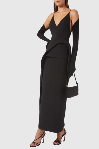 Chapera Asymmetrical Pleat Maxi Dress - Black