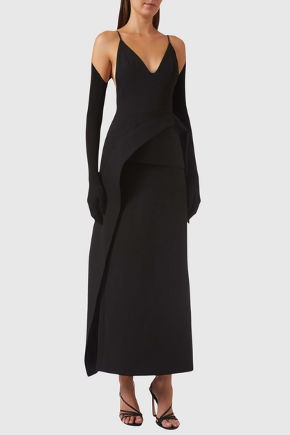 Chapera Asymmetrical Pleat Maxi Dress - Black
