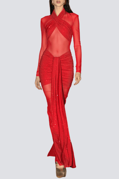 Chaviv Mesh Crystal Embellished Maxi Dress