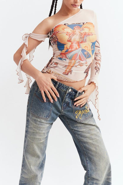Cilla Asymmetric Printed Mesh Top - Beige