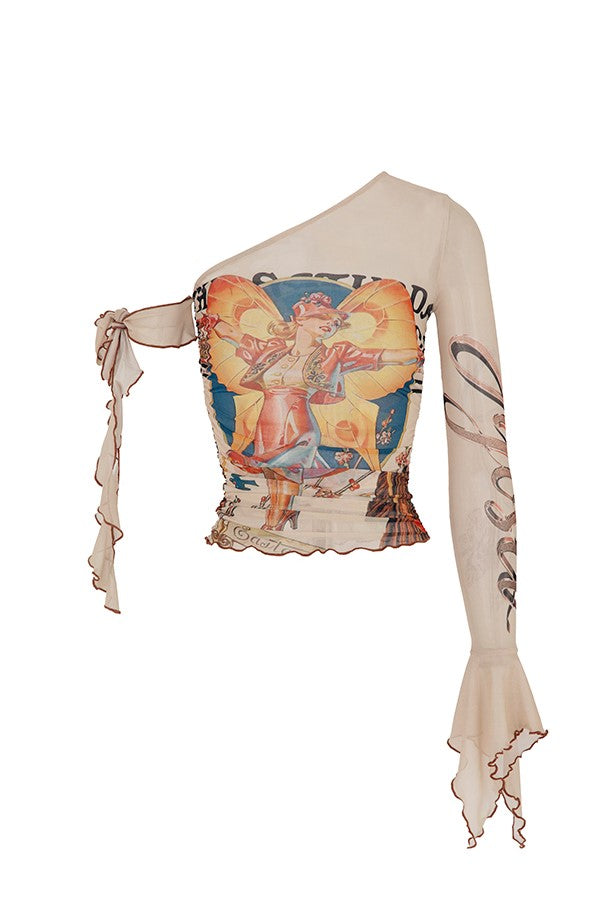 Cilla Asymmetric Printed Mesh Top - Beige
