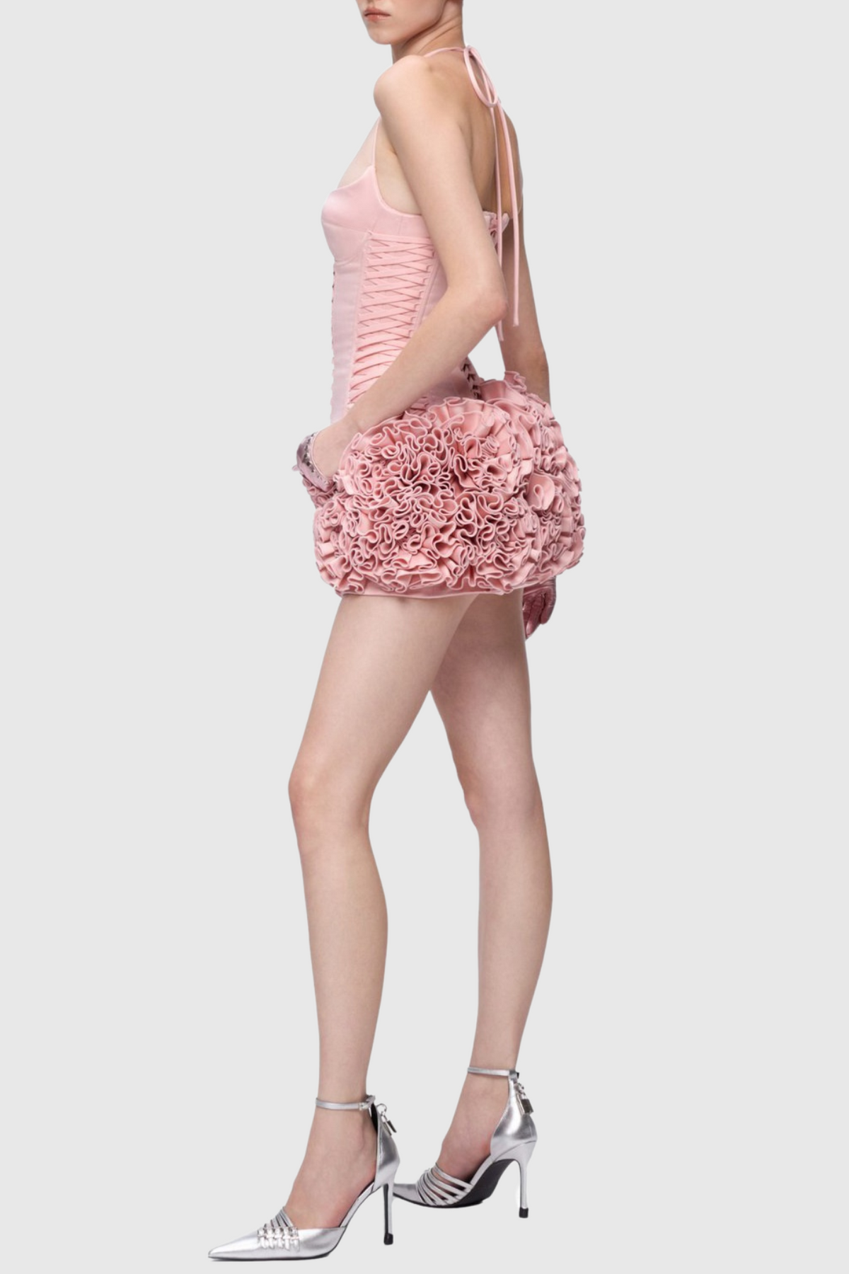 Cindia Floral Lace Up Corset Two Piece Set - Pink