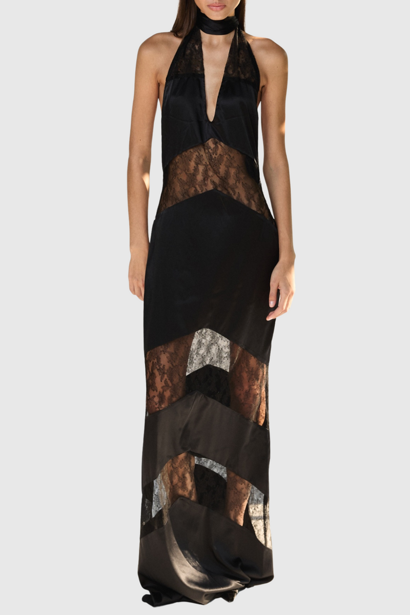 Clora Satin Halter Lace Maxi Dress - Black