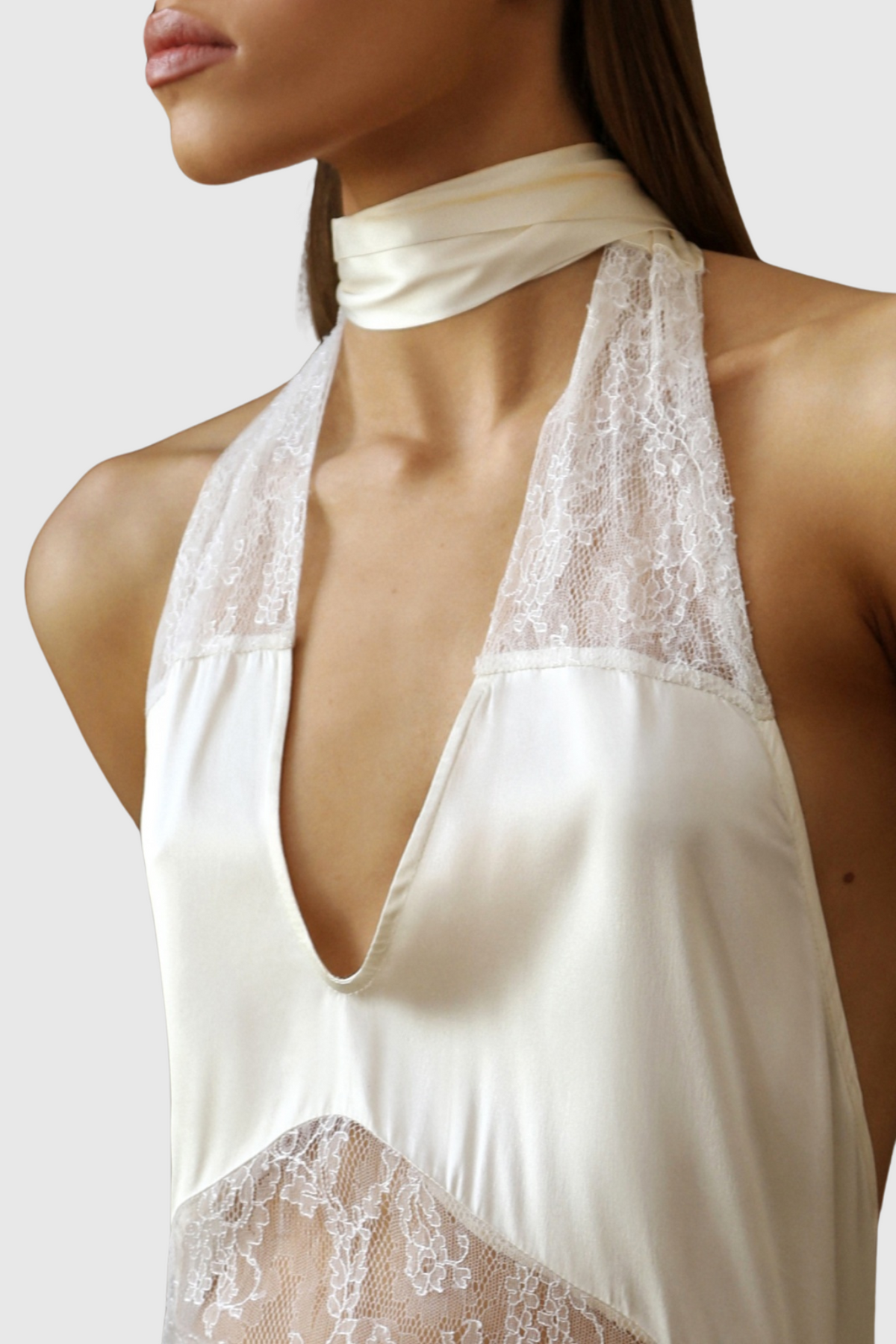 Clora Satin Halter Lace Maxi Dress - White
