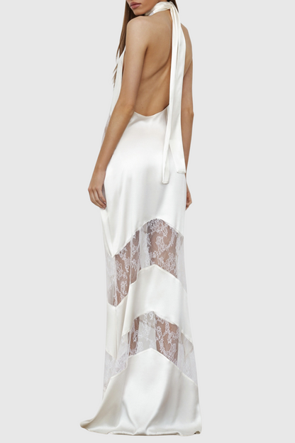 Clora Satin Halter Lace Maxi Dress - White