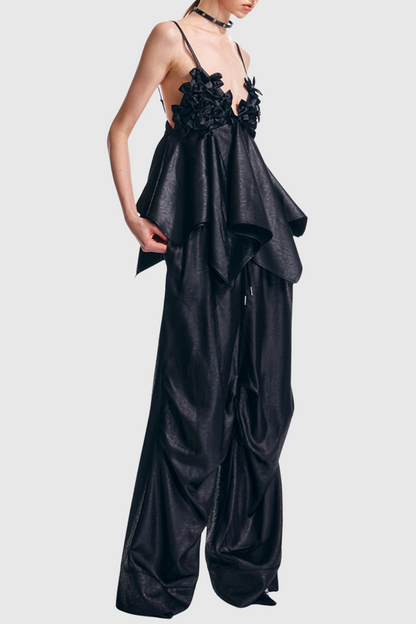 Calixto Bow Ruched Top - Black
