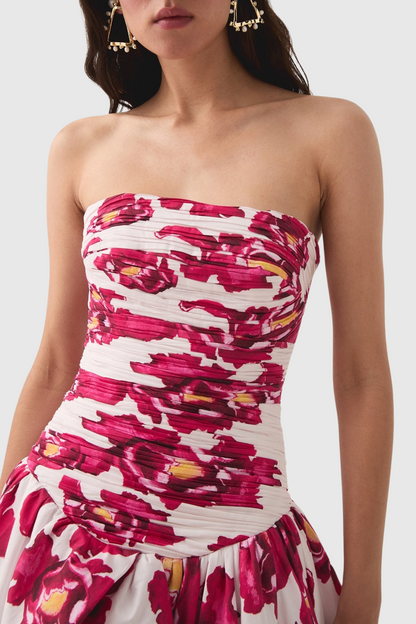 Coleka Floral Print Strapless Ruched Maxi Dress - Pink