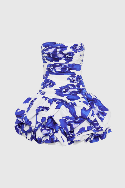 Coleka Floral Print Strapless Ruched Mini Dress - Blue