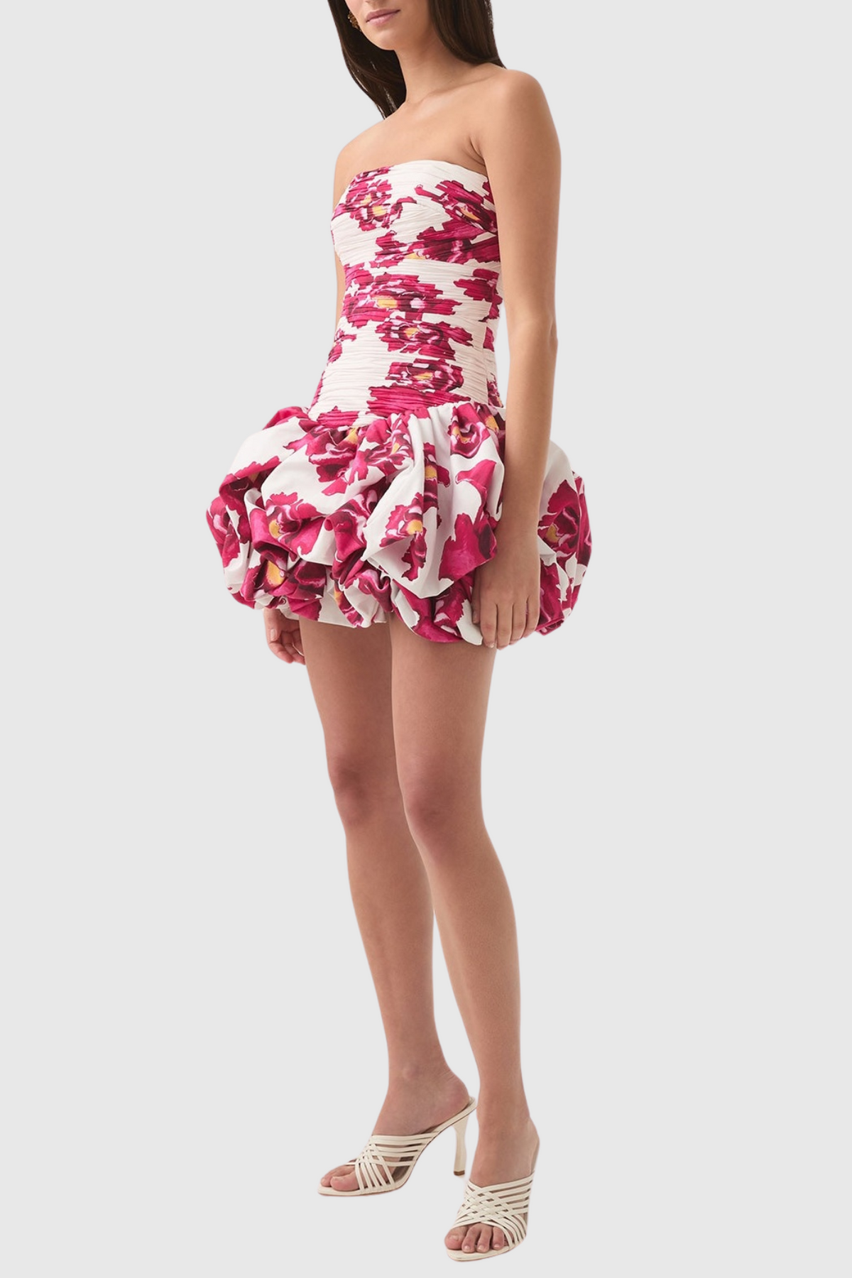 Coleka Floral Print Strapless Ruched Mini Dress - Rose pink