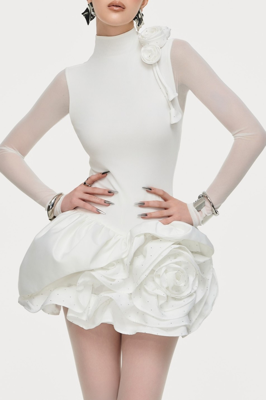 Cristiano Flower Appliqué Long Sleeve Mini Dress