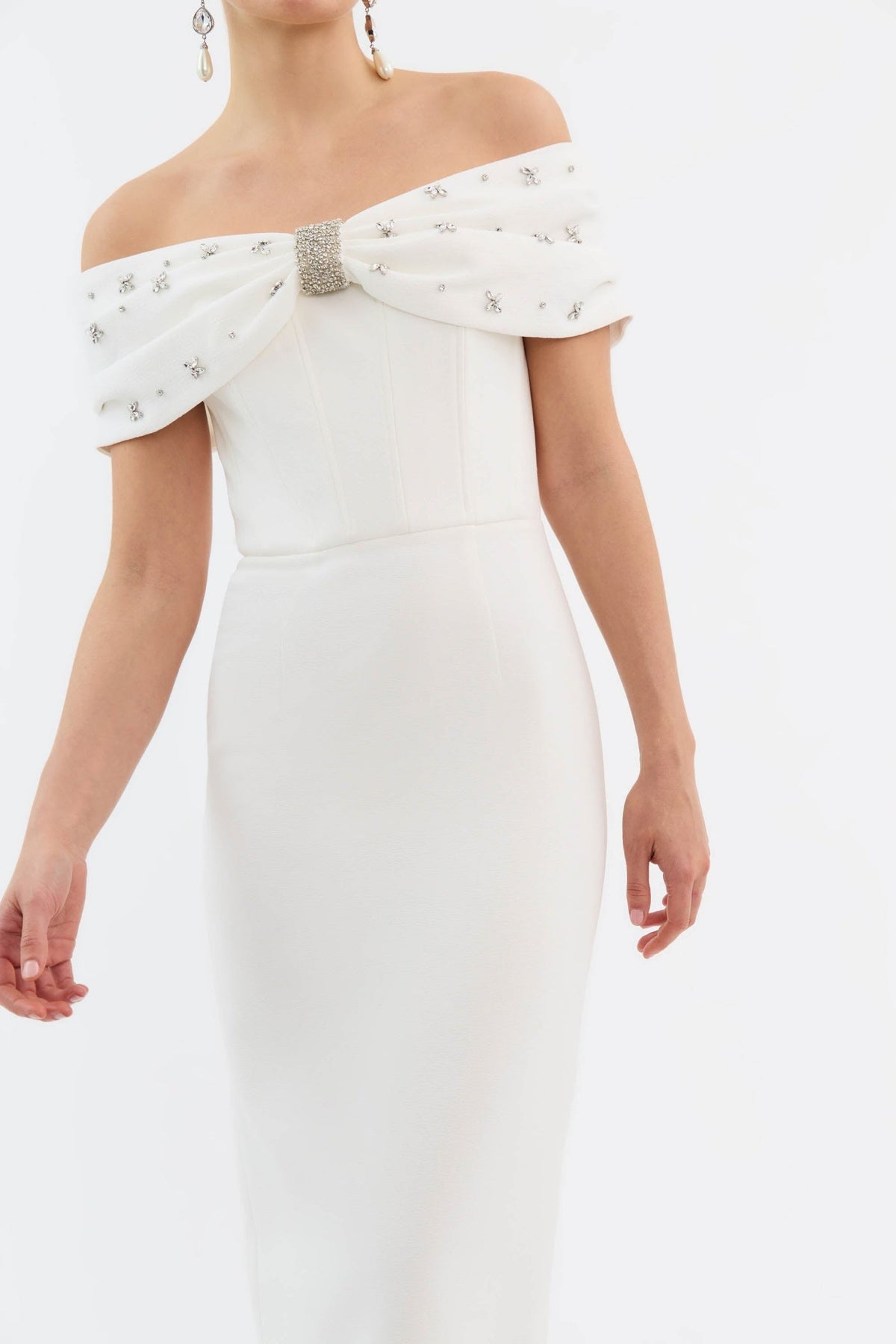Dacre Off Shoulder Crystal Embellished Midi Dress