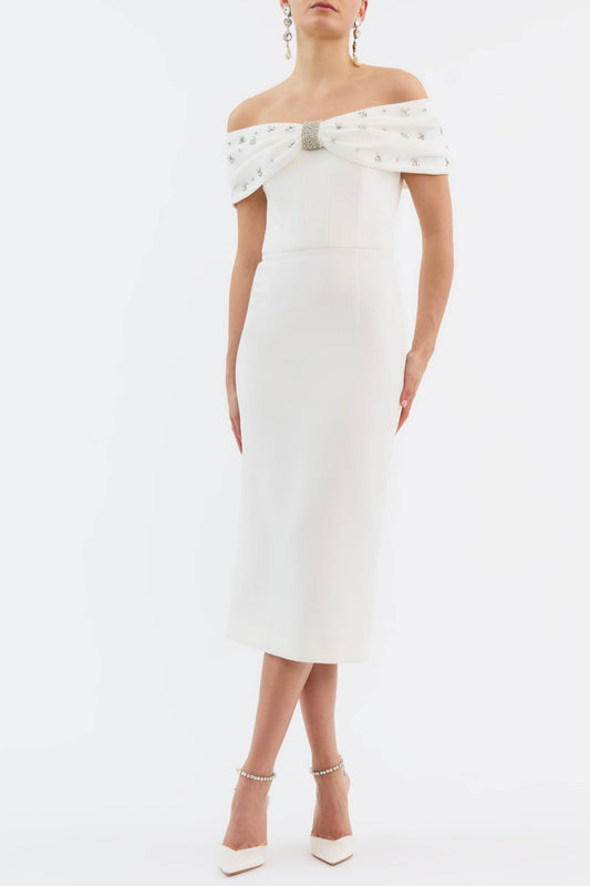 Dacre Off Shoulder Crystal Embellished Midi Dress