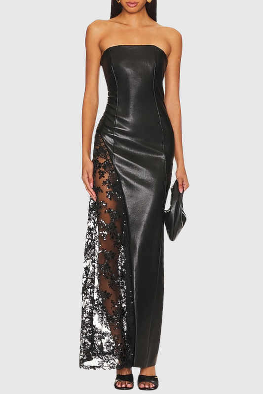 Damien Faux Leather Strapless Lace Maxi Dress