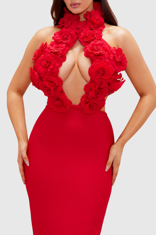 Datherine Floral Appliqué Halter Maxi Bandage Dress - Red