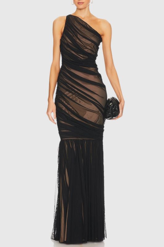 Cadhla One Shoulder Ruched Mesh Maxi Dress