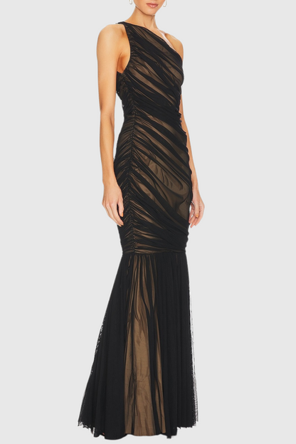 Cadhla One Shoulder Ruched Mesh Maxi Dress