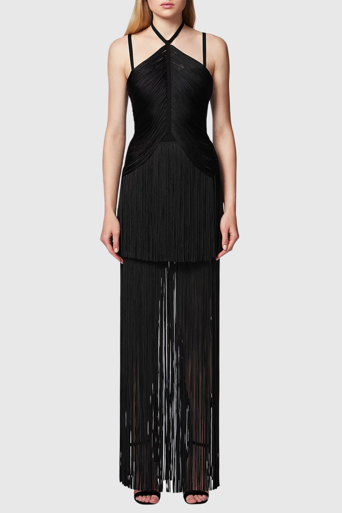 Doly Halter Fringed Maxi Bandage Dress - Black