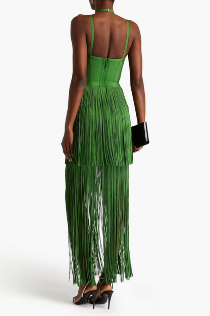 Doly Halter Fringed Maxi Bandage Dress - Green