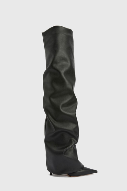 Dusya Ruched Leather Over The Knee Boots - Black