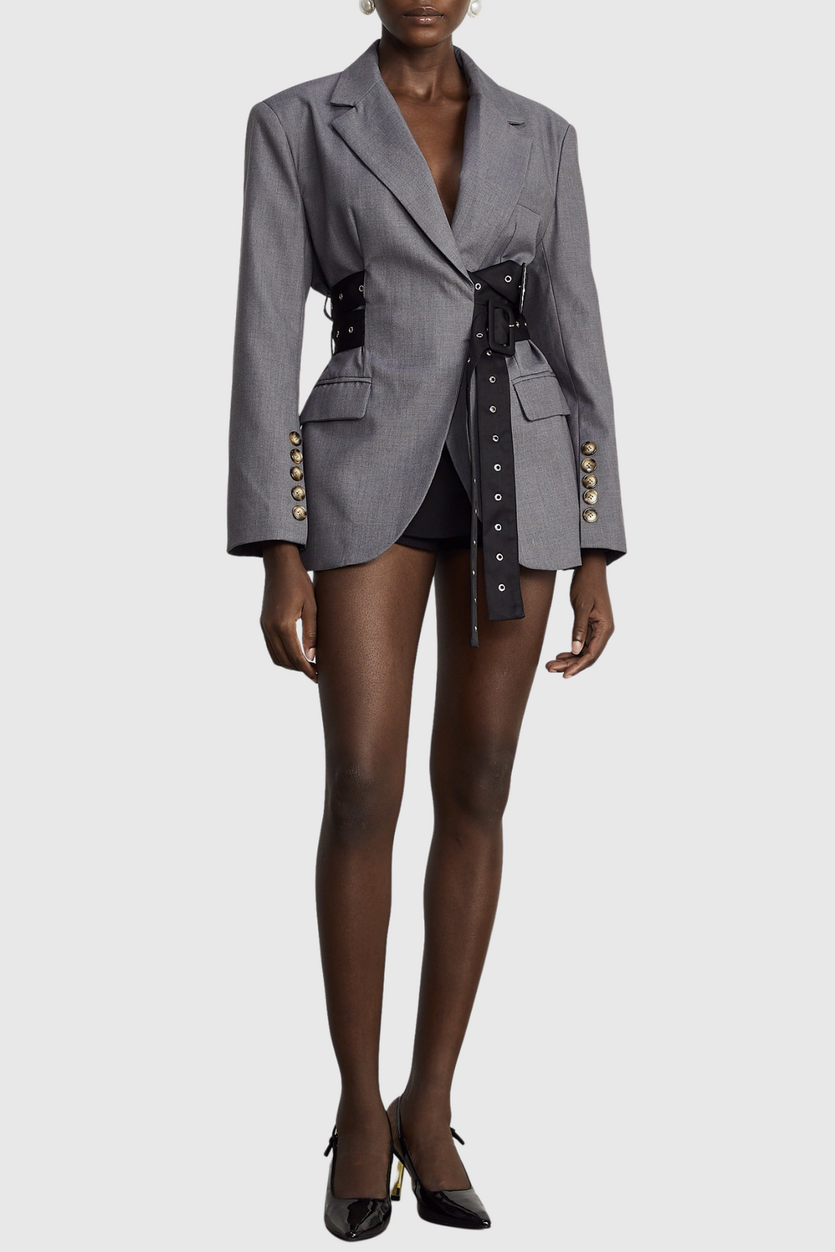 Eairein Belte Waist Blazer - Grey