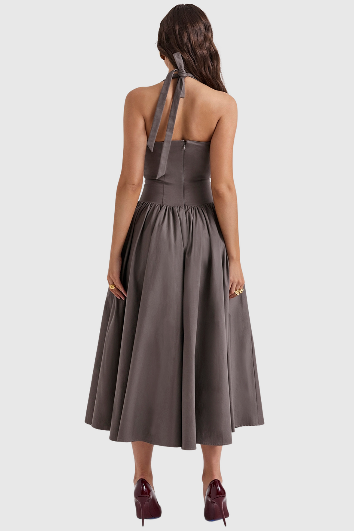 Ebrill Halter V-neck Ruched Midi Dress - Grey
