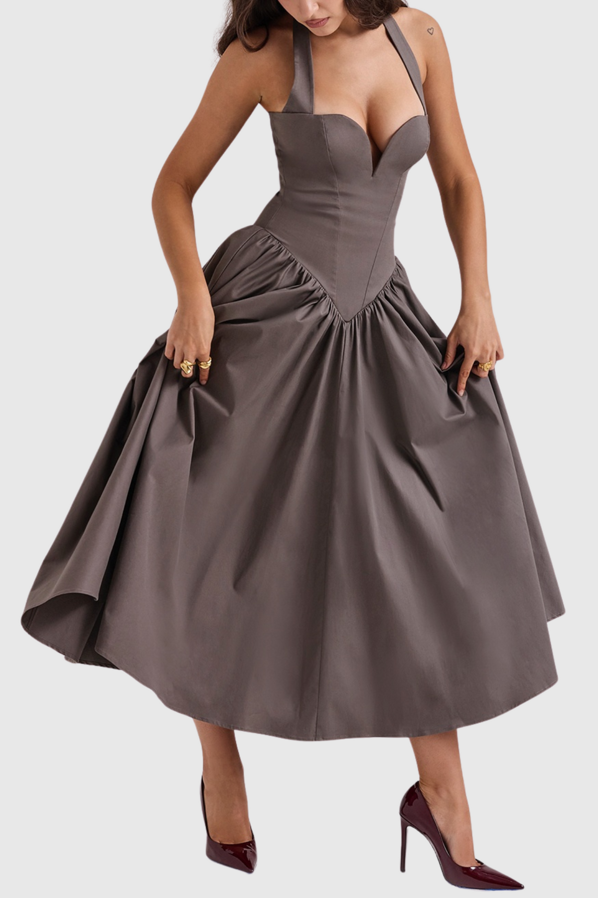 Ebrill Halter V-neck Ruched Midi Dress - Grey
