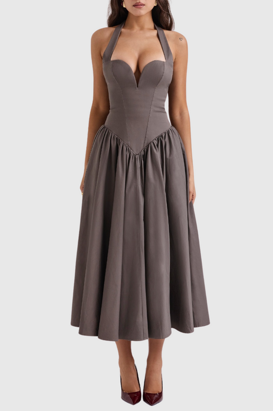 Ebrill Halter V-neck Ruched Midi Dress - Grey