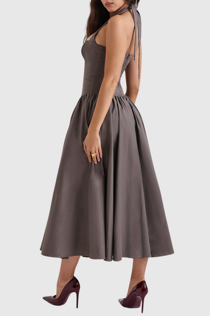 Ebrill Halter V-neck Ruched Midi Dress - Grey