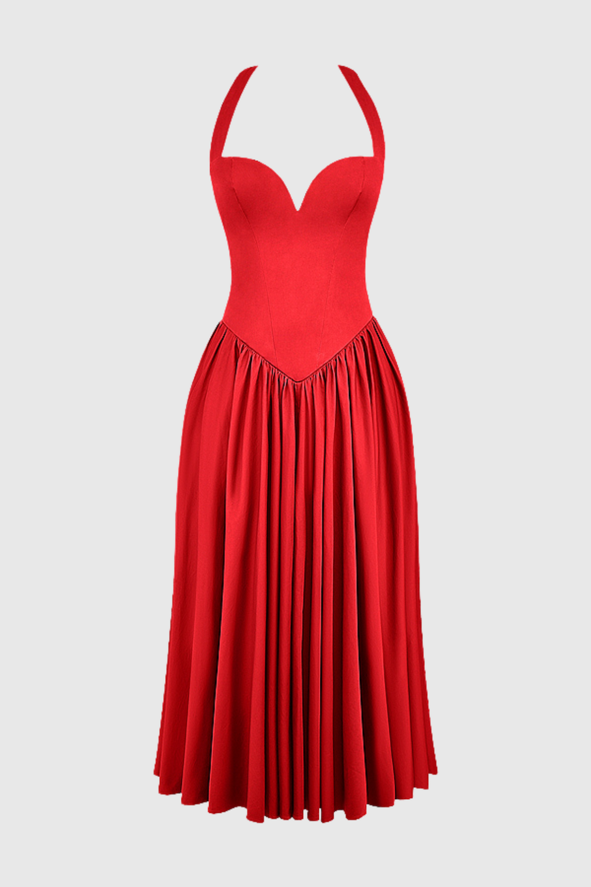 Ebrill Halter V-neck Ruched Midi Dress - Red