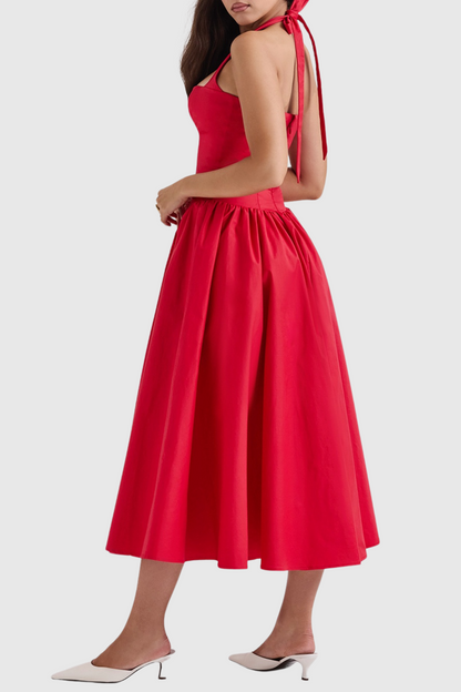 Ebrill Halter V-neck Ruched Midi Dress - Red