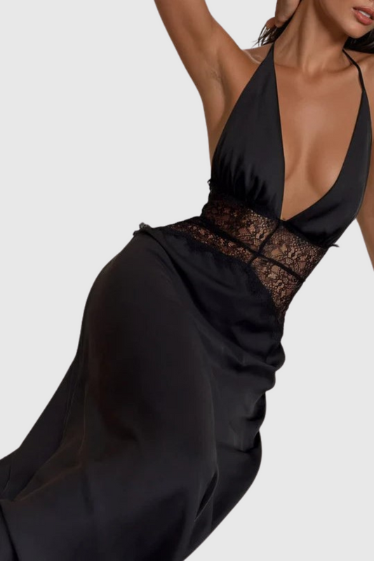 Edwiga Lace Halter Maxi Dress - Black