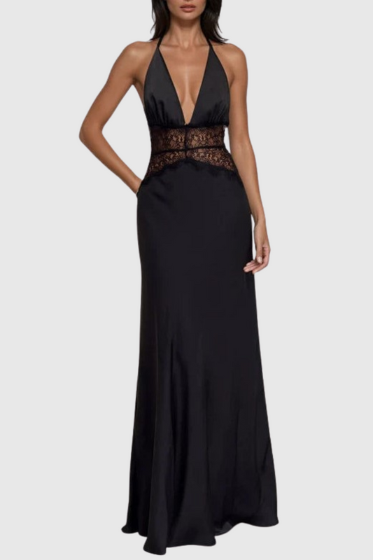 Edwiga Lace Halter Maxi Dress - Black