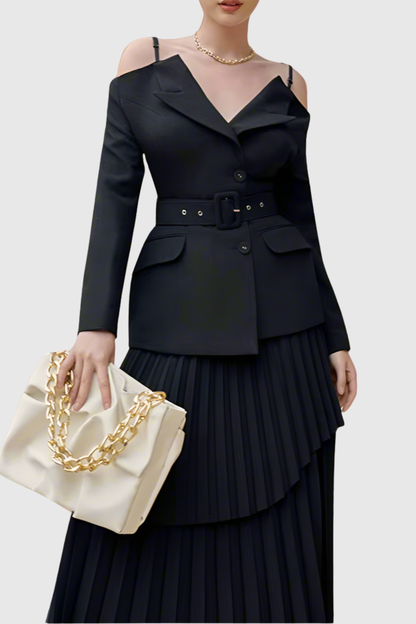 Eira Off Shoulder Blazer & Pleated Midi Skirt Set - Black