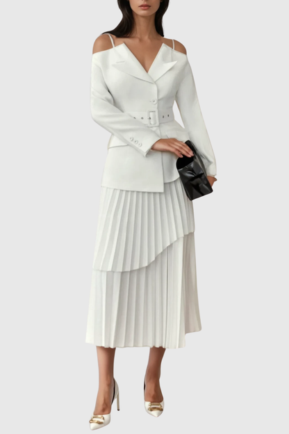 Eira Off Shoulder Blazer & Pleated Midi Skirt Set - White