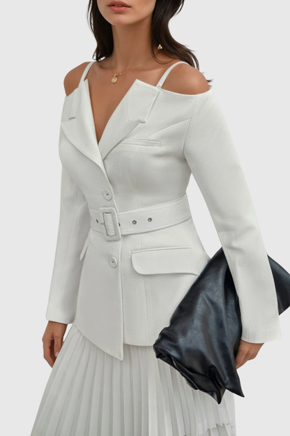 Eira Off Shoulder Blazer & Pleated Midi Skirt Set - White