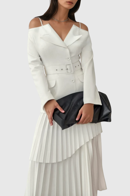 Eira Off Shoulder Blazer & Pleated Midi Skirt Set - White