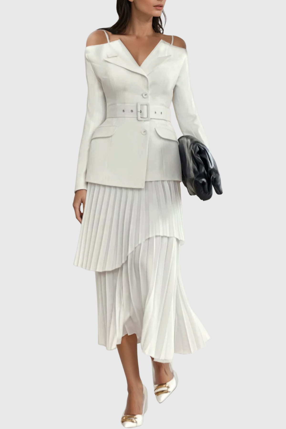 Eira Off Shoulder Blazer & Pleated Midi Skirt Set - White